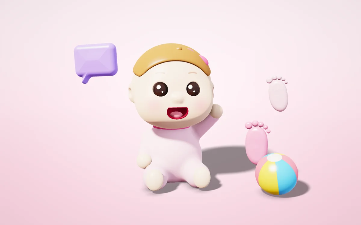 İlk adımlarını atan ve oyuncak küplerle oynayan bebek, 3D illüstrasyon