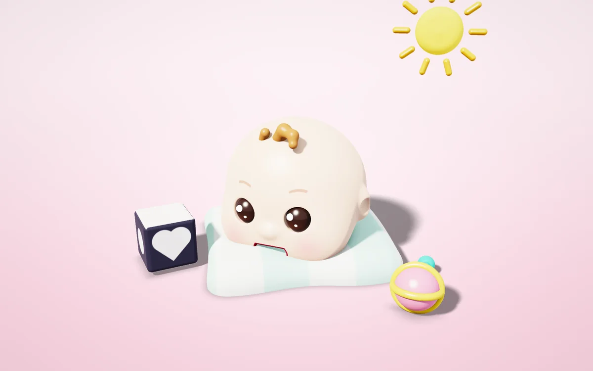 Oyun minderinde dönmeye çalışan bebek ve renkli top, 3D illüstrasyon