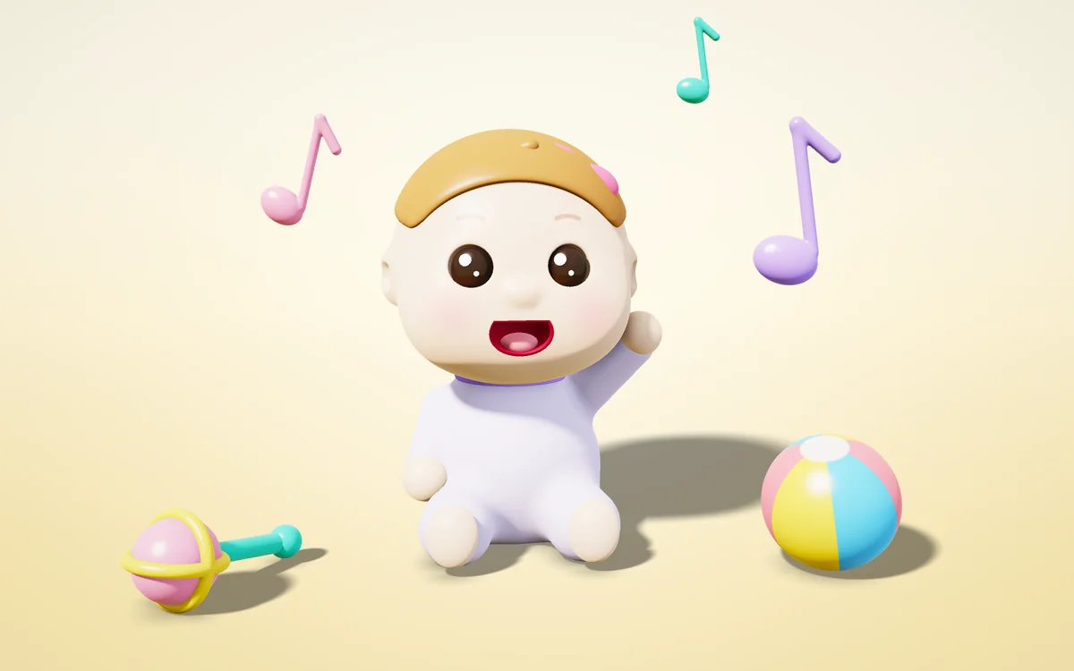 Müzik notaları ve çıngırakla neşelenen bebek, 3D illüstrasyon