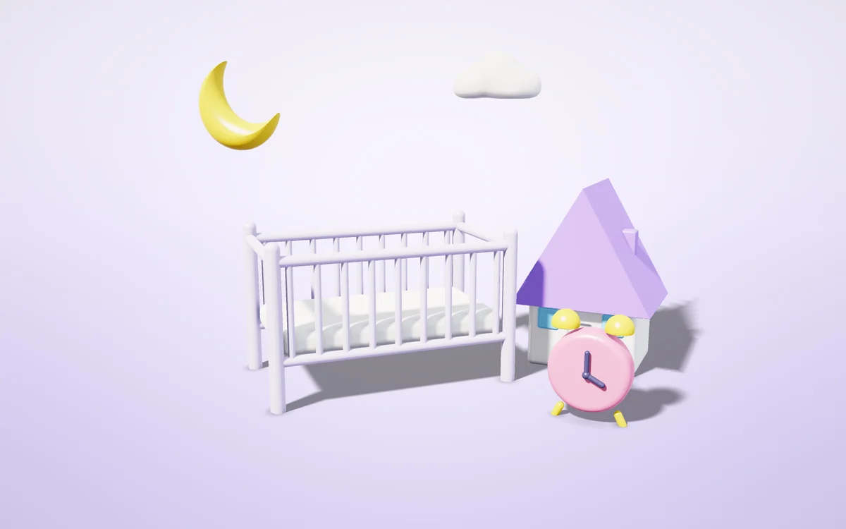 Bavulun yanında portatif beşikte uyuyan bebek ve dünya, 3D illüstrasyon