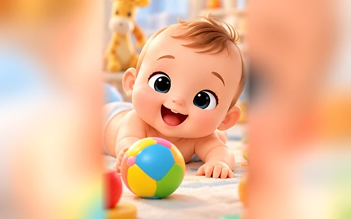 Renkli topa uzanarak emekleyen bebek