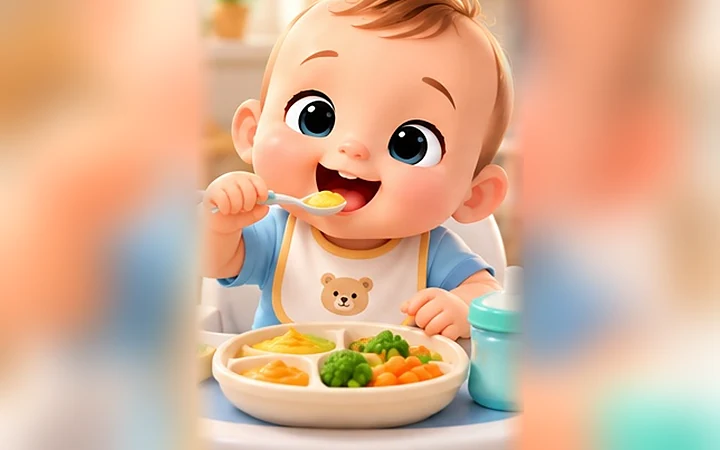 Önlüklü bebek bölmeli tabağından kaşıkla yemek yiyor