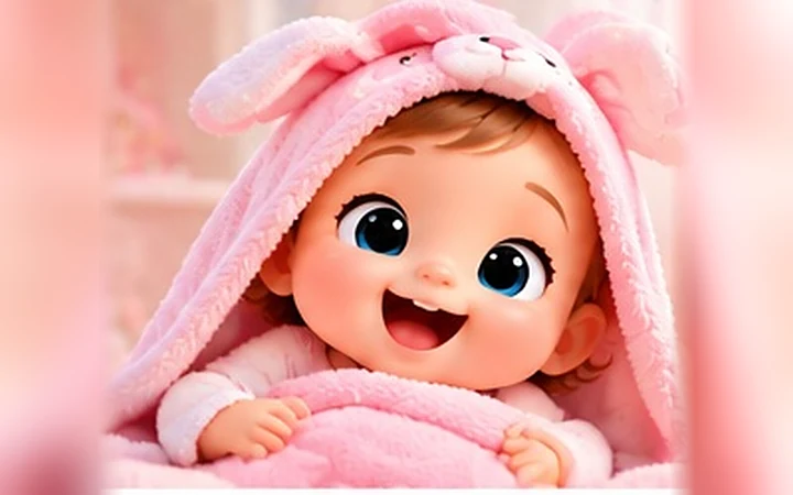 Tavşan kulaklı pembe havluya sarılmış bebek