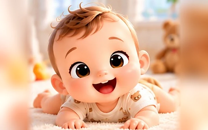 Halının üzerinde karın üstü yatıp gülümseyen bebek