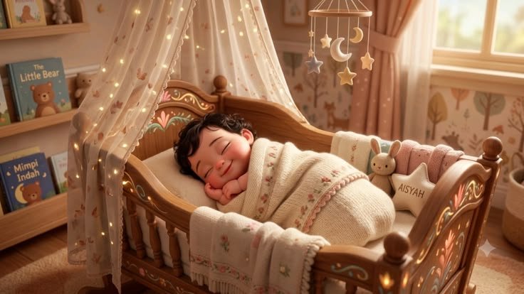 Battaniyesinde huzurla uyuyan bebek ve yumuşak bulutlar, 3D illüstrasyon